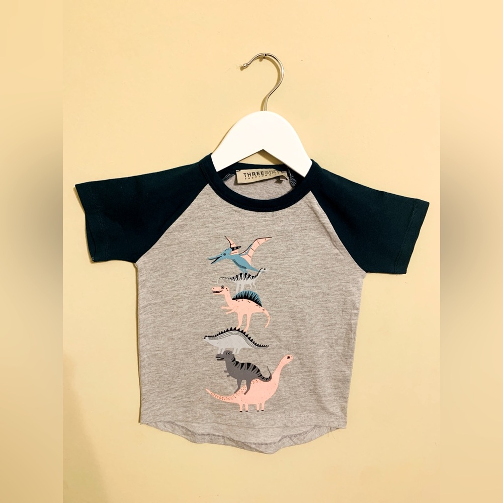 Three Sixty Baby Boys Gray Dinosaur Graphic Print Short Raglan Sleeve T-Shirt